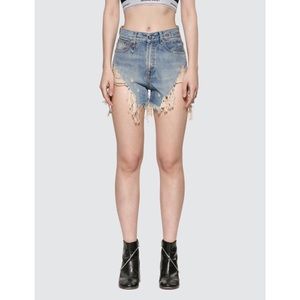 R13 Denim Shredded Slouch Shorts